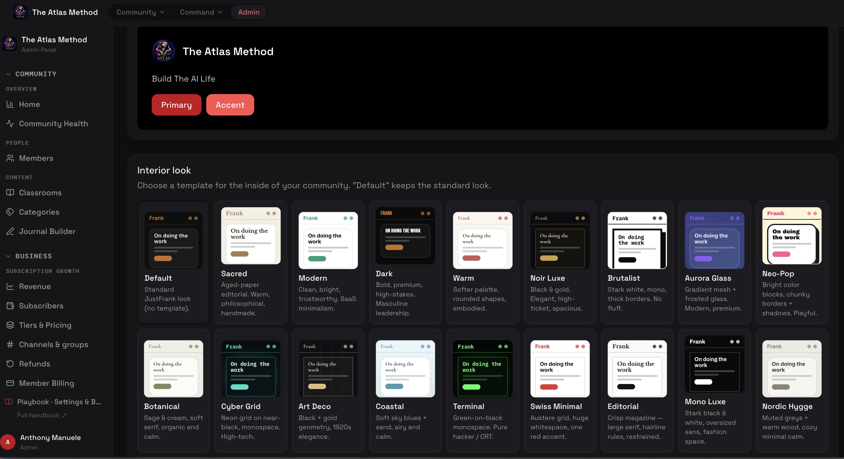 The theme library in the admin panel — a gallery of interior looks (Sacred, Modern, Noir Luxe, Brutalist…) for your community